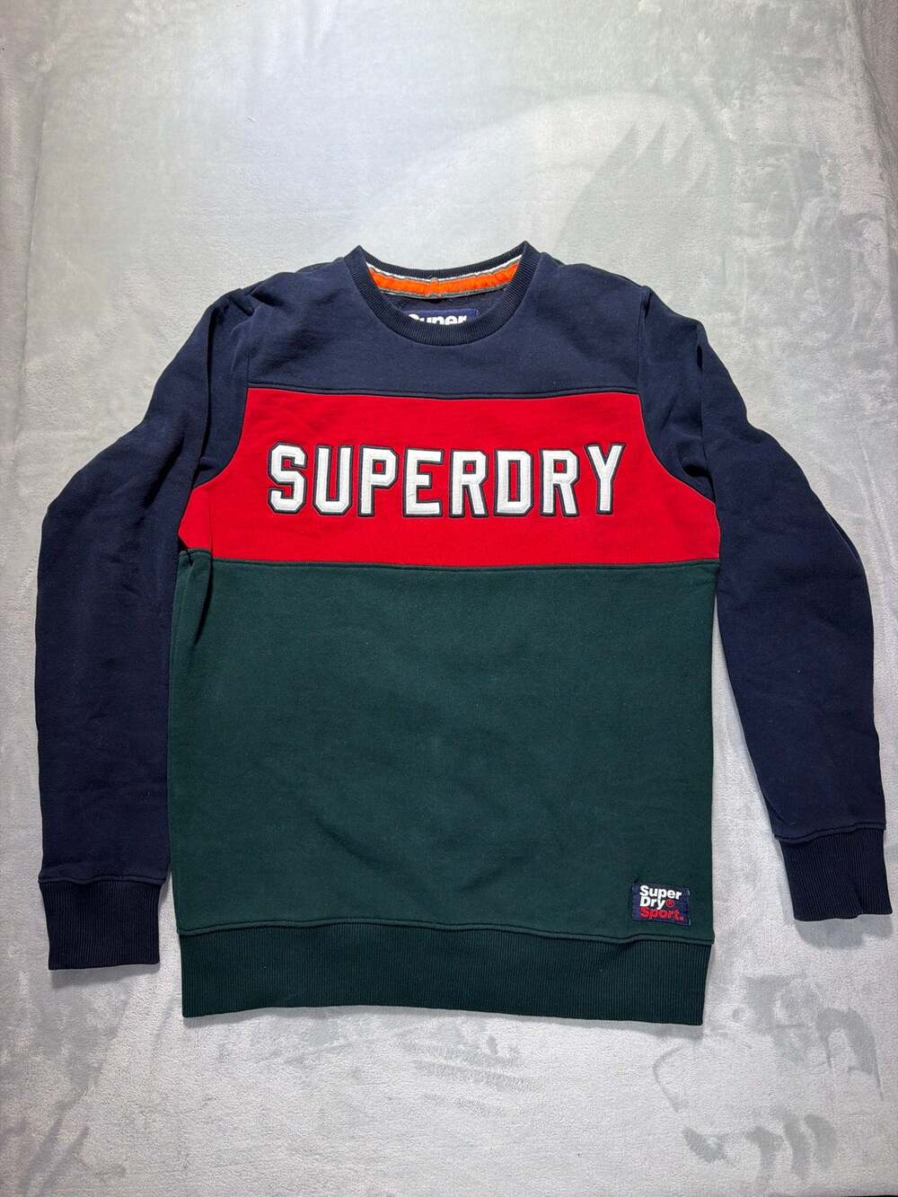 Superdry Sport Mens Large Colorblock Crewneck Sweatshirt Navy Red Green Spellout